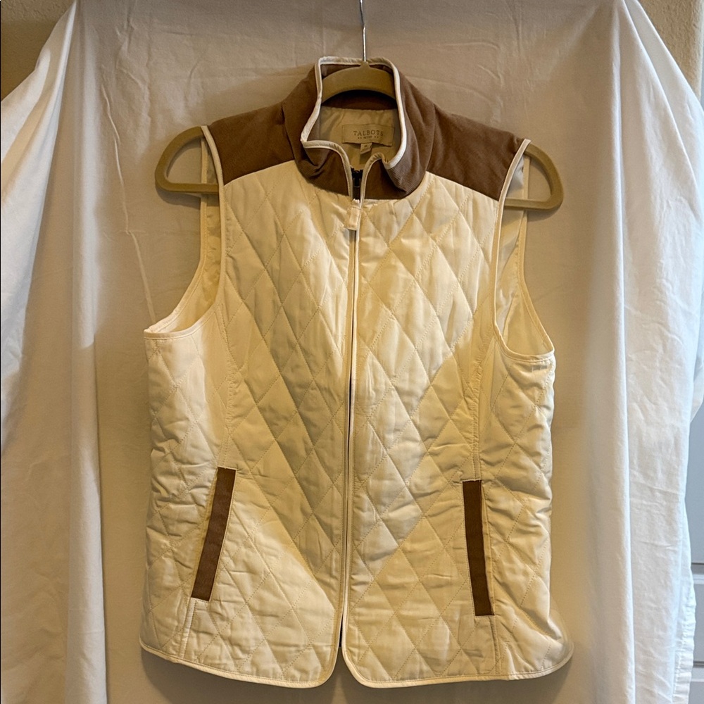 Talbots Cream Quilted Vest with Brown Accents